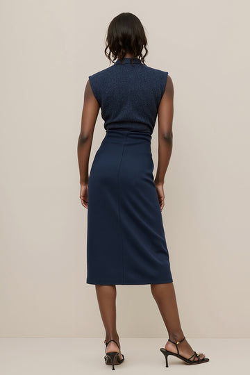 V-Neck Navy Sheath Midi Work Dress
